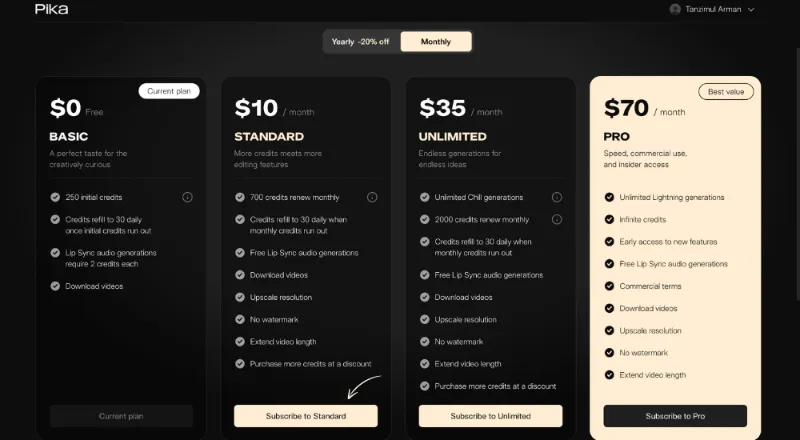 Pika AI Pricing Plans